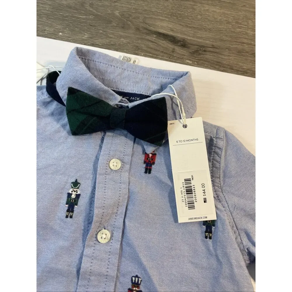 Janie and Jack Boys 6-12 Months Blue Button Up Shirt Nutcrackers NWT